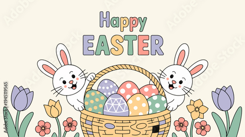 Two happy cartoon bunnies holding a basket of colorful easter eggs surrounded by spring flowers