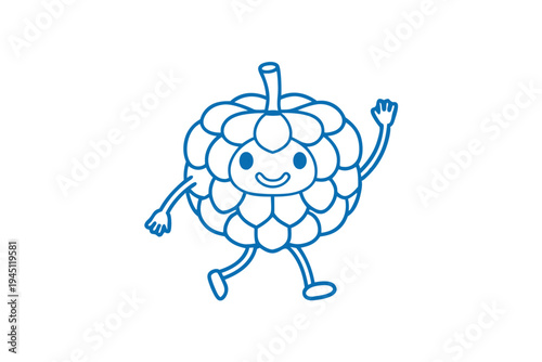 Expressive cartoon custard apple fruit with a bright smile, simple line art illustration.