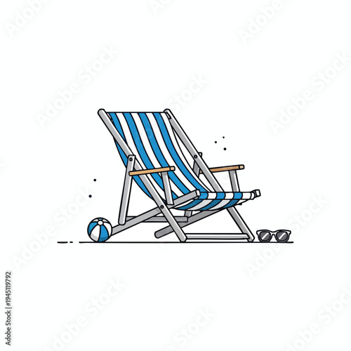 Striped deck chair with beach ball and sunglasses on a white background