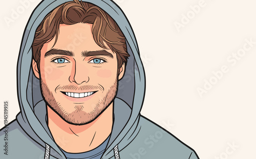A young man wearing a hoodie smiles at the camera. He has blue eyes and light brown hair. His expression shows happiness.