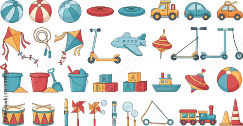 Kids Outdoor Playground Toys Collection with Balls Kites Scooters Toy Cars Buckets Drums and Colorful Children Play Objects Vector Set
