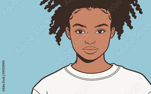 A young girl stands with her arms relaxed. She looks directly at the viewer with confidence. The background is light blue.