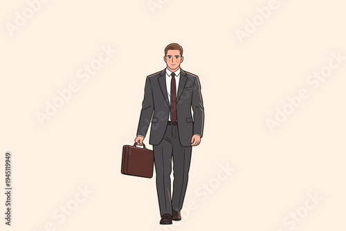 A businessman walks in formal attire holding a briefcase. The setting is plain, suggesting a focus on work.