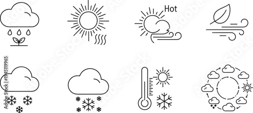 Weather Forecast Icon Set Featuring Sun, Rain Cloud, Snowfall, Wind, Temperature Thermometer and Climate Condition Symbols for Meteorology and Mobile App Interface