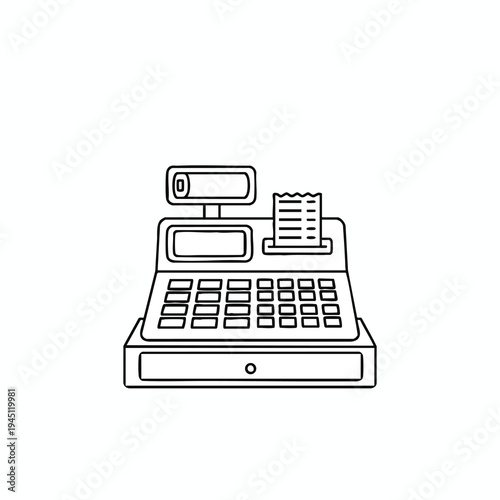 A black and white line drawing of an old-fashioned cash register with a receipt