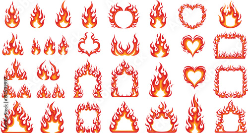 Fire flames frames and shapes collection blazing flame borders hearts and symbols vector illustration set