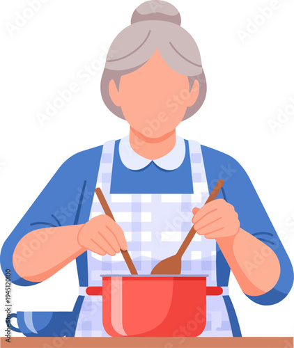 An elderly woman with grey hair wearing an apron is stirring food in a red pot with wooden spoons, preparing a meal.