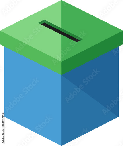 An isometric graphic illustration of a blue collection box with a green lid and a black slot for inserting items.