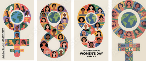 Vector illustration of multicultural women portraits forming a circular unity shape, vibrant geometric patterns, female empowerment symbols, globe in the center, colorful abstract poster design for In