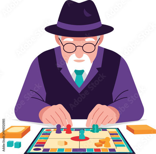 An elderly man with a beard and glasses playing a colorful board game with pawns and dice on a white background.