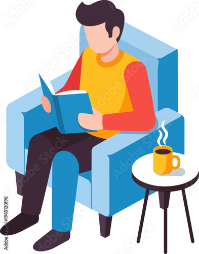 A man relaxing in an armchair, reading a book, with a steaming mug on a side table.
