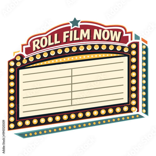 Vintagestyle illuminated movie theater marquee sign with blank display board ready for custom text isolated illustration