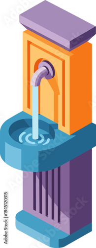 Isometric illustration of a colorful outdoor water fountain with a purple faucet and flowing water into a blue basin, featuring a vibrant, stylized design.