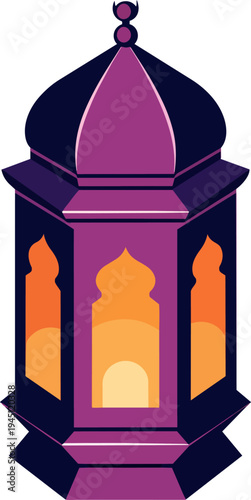 A stylized purple and orange Islamic lantern, often used for Ramadan decorations, glowing warmly with an inviting light.