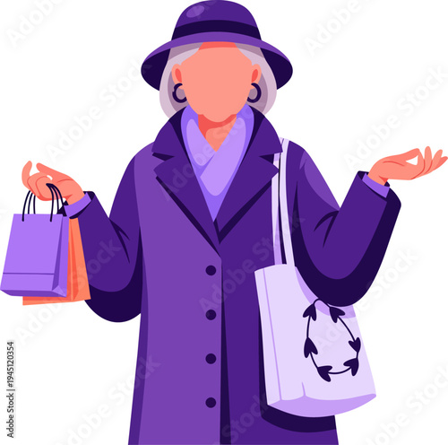 Elderly woman in purple hat and coat holding shopping bags and a reusable tote bag.