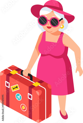 Cartoon illustration of a happy senior woman in a pink dress and hat, holding a red suitcase with travel stickers, ready for vacation.
