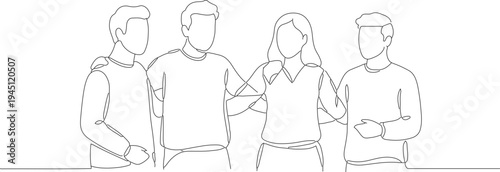 Continuous Line Handdrawn Group of People Friends Hugging Together Illustration