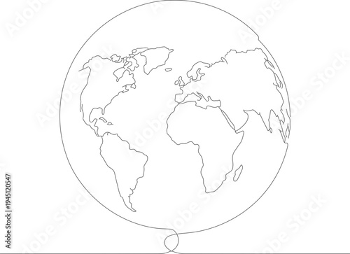 Minimalist Outline Style Earth Globe Map with Continents Line Art