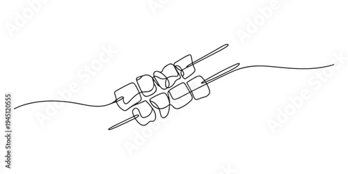 One line of satay. Abstract minimal continuous line. Continuous one line drawing kebab. skewers with roasted meat. Traditional food barbecue, steaks, kebab or shashlyk. Single line draw design vector 