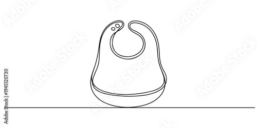 A continuous black line drawing of a baby bib with a modern, minimalist design on a white background, perfect for abstract artwork. Baby bib one line icon. Vector illustration