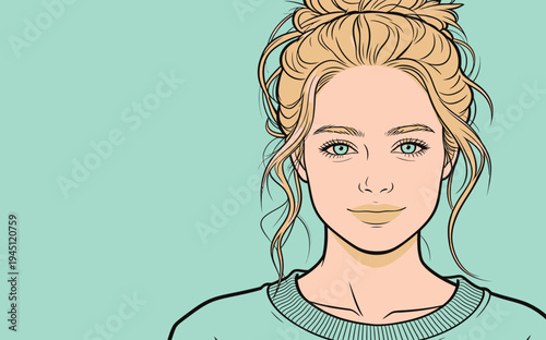 A young woman with light hair smiles at the camera. She wears a simple top and has her hair styled in a bun. The background is green.