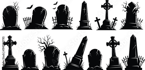 Halloween Graveyard Tombstone Silhouette Collection with Spooky Cemetery Cross Headstones Bats Dead Trees and Gothic Horror Vector Illustration Set