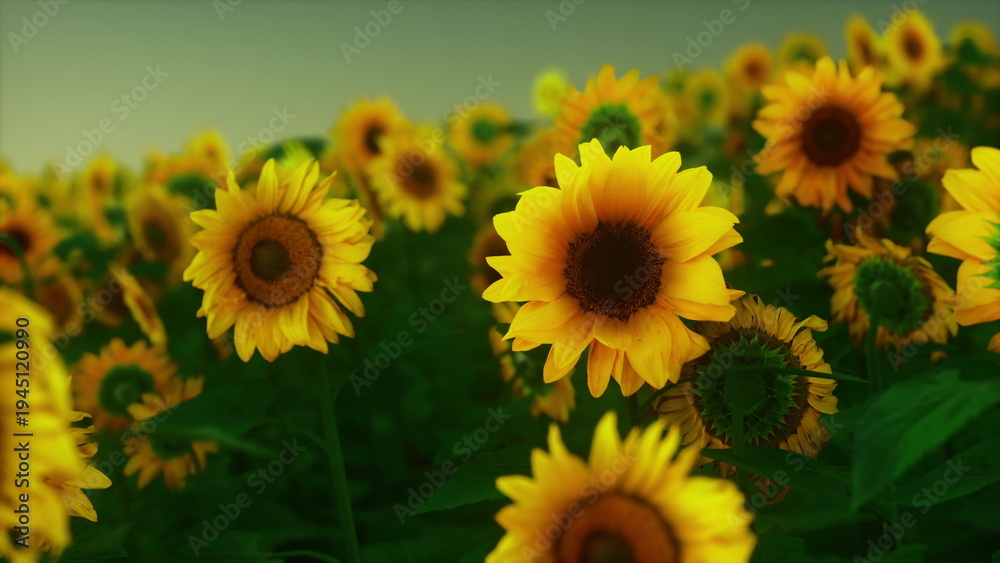 Obraz premium Golden sunflowers stretch towards the sky in a vast field during sunset. The warm light casts a soft glow, illuminating the vibrant petals and creating a peaceful atmosphere.