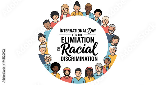 Illustration of diverse people around the International Day for the Elimination of Racial Discrimination logo on a white background with a colorful and inclusive design.