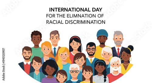 Illustration of diverse people celebrating International Day for the Elimination of Racial Discrimination with a design promoting unity and equality.
