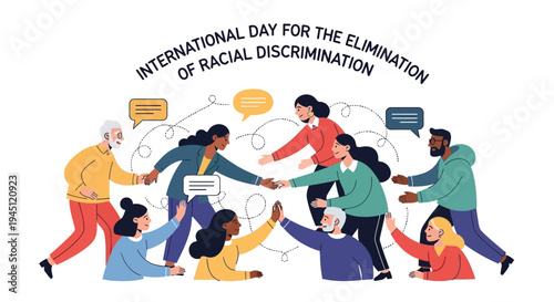 Diverse group of people joining hands in unity, promoting racial equality and social justice on International Day for the Elimination of Racial Discrimination with a hopeful and inclusive