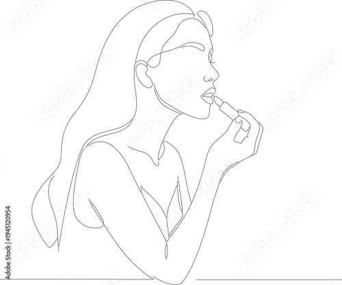 Minimalist Continuous Line Drawing Woman Applying Lipstick Beauty Illustration