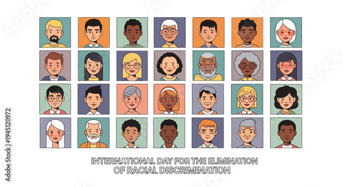 Illustration of diverse people celebrating International Day for the Elimination of Racial Discrimination with colorful portraits on a white background, promoting unity and equality.