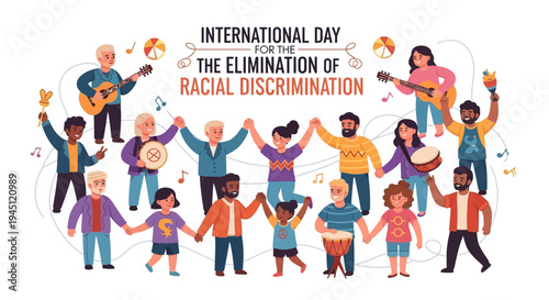 Illustration of diverse people holding hands and celebrating unity on International Day for the Elimination of Racial Discrimination with colorful design elements.