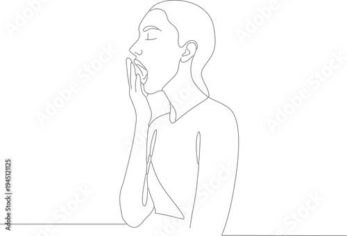 Simple Line Drawing of Woman Yawning With Hand Gesture Illustration