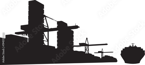 Silhouette of industrial construction site with cranes and ship