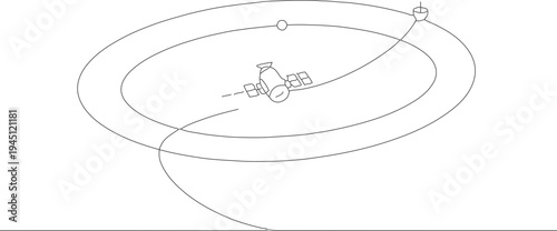 Outline Artistic Spacecraft Orbiting Earth Illustration on White Background