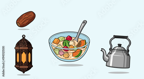 Illustrative set of traditional cultural items fruit salad, dates, lantern, and teapot, ideal for festive and gathering themes
