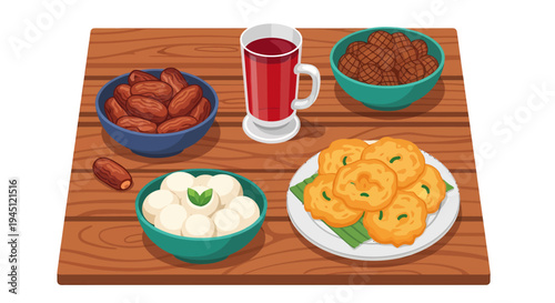 A festive assortment of Ramadan Iftar food and drink items arranged on a wooden tray