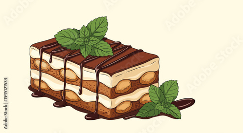 Piece of delicious tiramisu cake topped with fresh mint leaves and drizzled with rich chocolate syrup on a plain background.