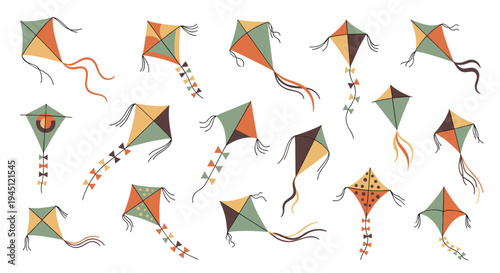 Diverse collection of colorful flying kites with various shapes and long tails isolated on a clean white background for fun projects.