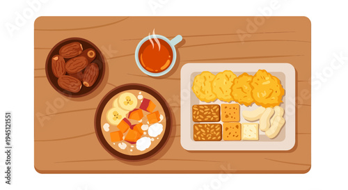 Top-down view of a wooden table with a variety of food items including dates, porridge, and snacks