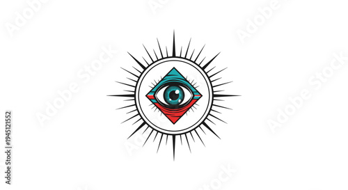 Mystical eye of providence symbol enclosed in a triangle with radiating sunbeams and geometric patterns for esoteric designs.
