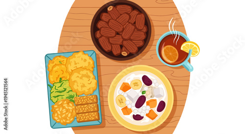 A vibrant and colorful overhead view of a delicious spread of healthy food items, featuring dates, falafel, and a refreshing citrus tea