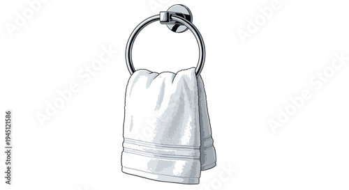 Soft white cotton towel hanging on a chrome ring holder mounted on a wall for a clean and organized bathroom or kitchen interior.