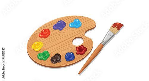 Wooden painter palette with several bright paint colors and a professional paintbrush used for creating colorful artistic works.