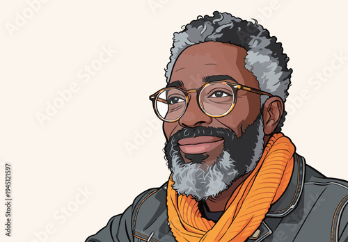 A man smiles while sitting in a relaxed position. He has glasses and a gray beard. He wears an orange scarf and a jacket.