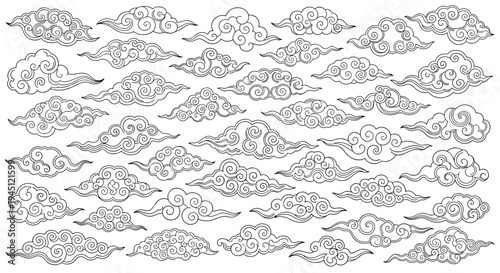 Collection of many stylized oriental clouds with intricate line art patterns inspired by traditional chinese and japanese design.