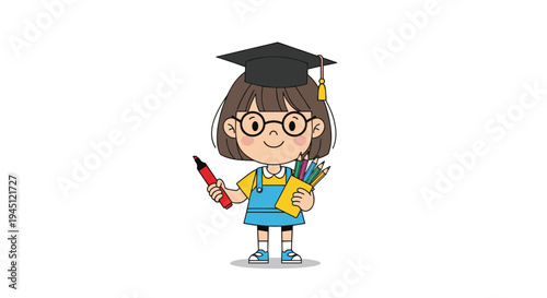 Little girl wearing a graduation cap and holding a large red marker and a cup of colorful pencils to celebrate early childhood education.