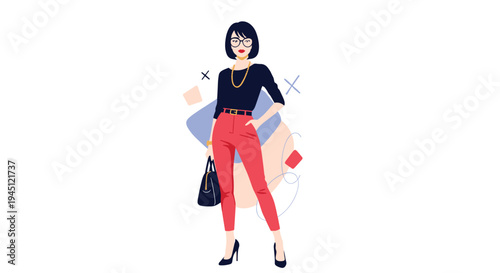 Fashionable woman posing with confidence in a stylish outfit featuring red trousers a black top and a designer handbag.