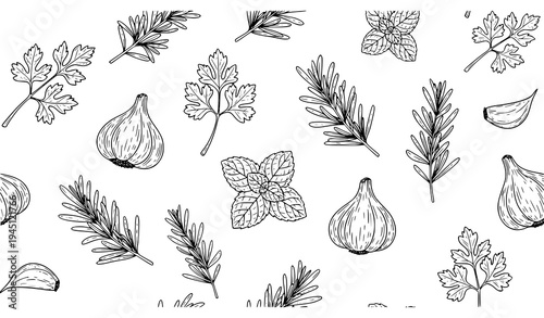 Minimal Vintage Herb Line Seamless Pattern Garlic Mint Botanical Vector
